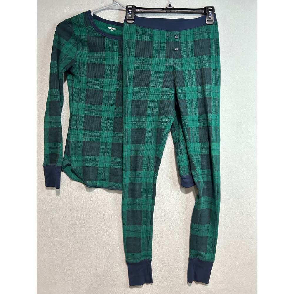 Old Navy Pajama Set Women XS Green Tartan Plaid Thermal‎ Waffle Knit 2pc PJs